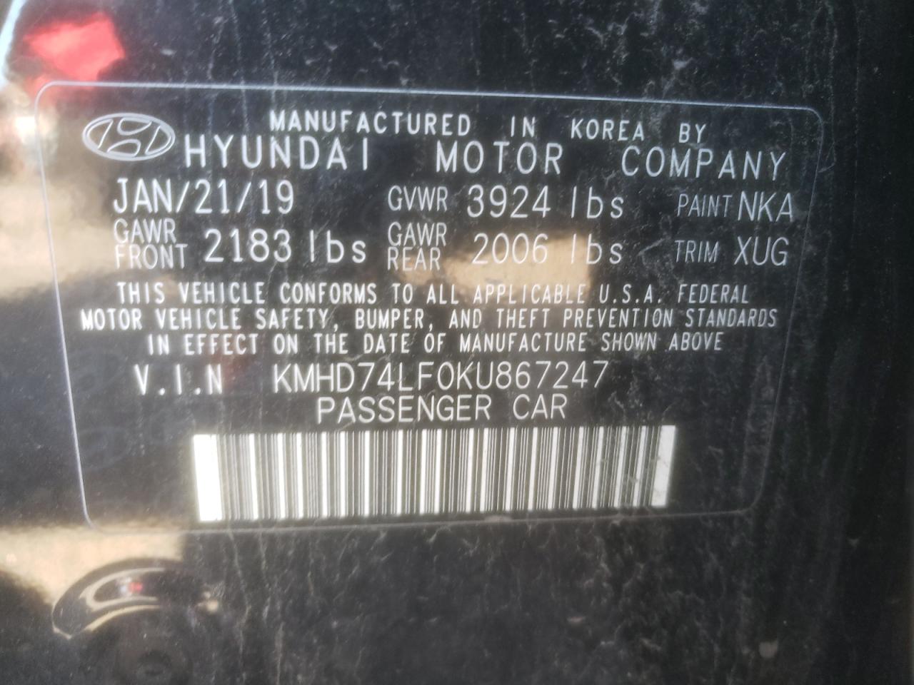2019 Hyundai Elantra Se VIN: KMHD74LF0KU867247 Lot: 58979785