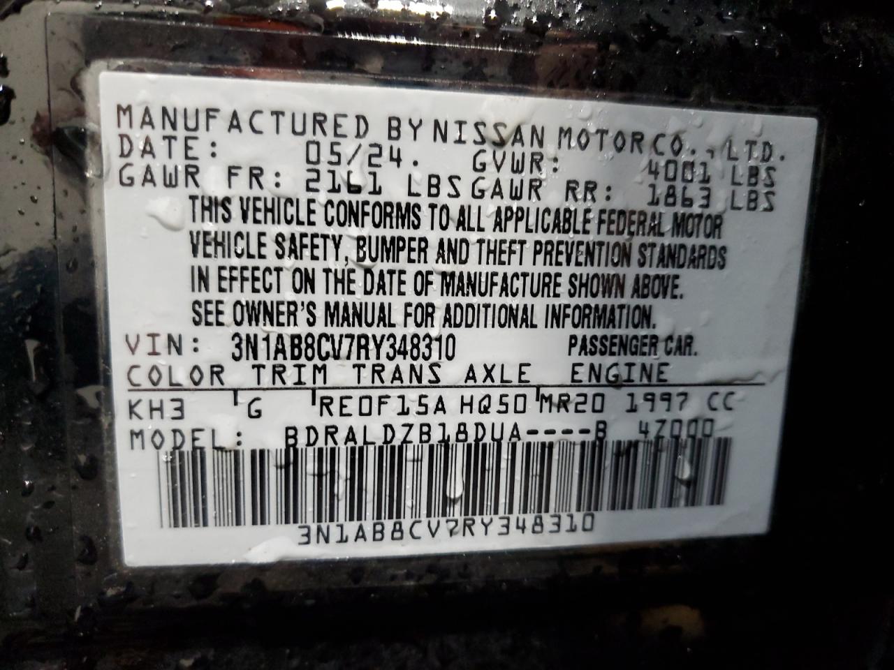 2024 Nissan Sentra Sv VIN: 3N1AB8CV7RY348310 Lot: 61210525
