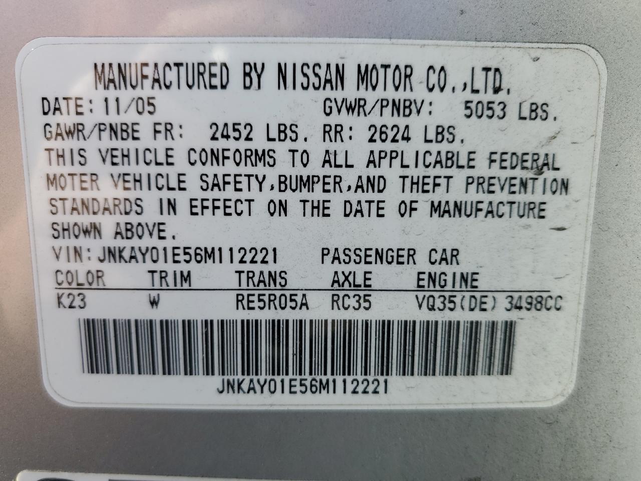 2006 Infiniti M35 Base VIN: JNKAY01E56M112221 Lot: 63048055