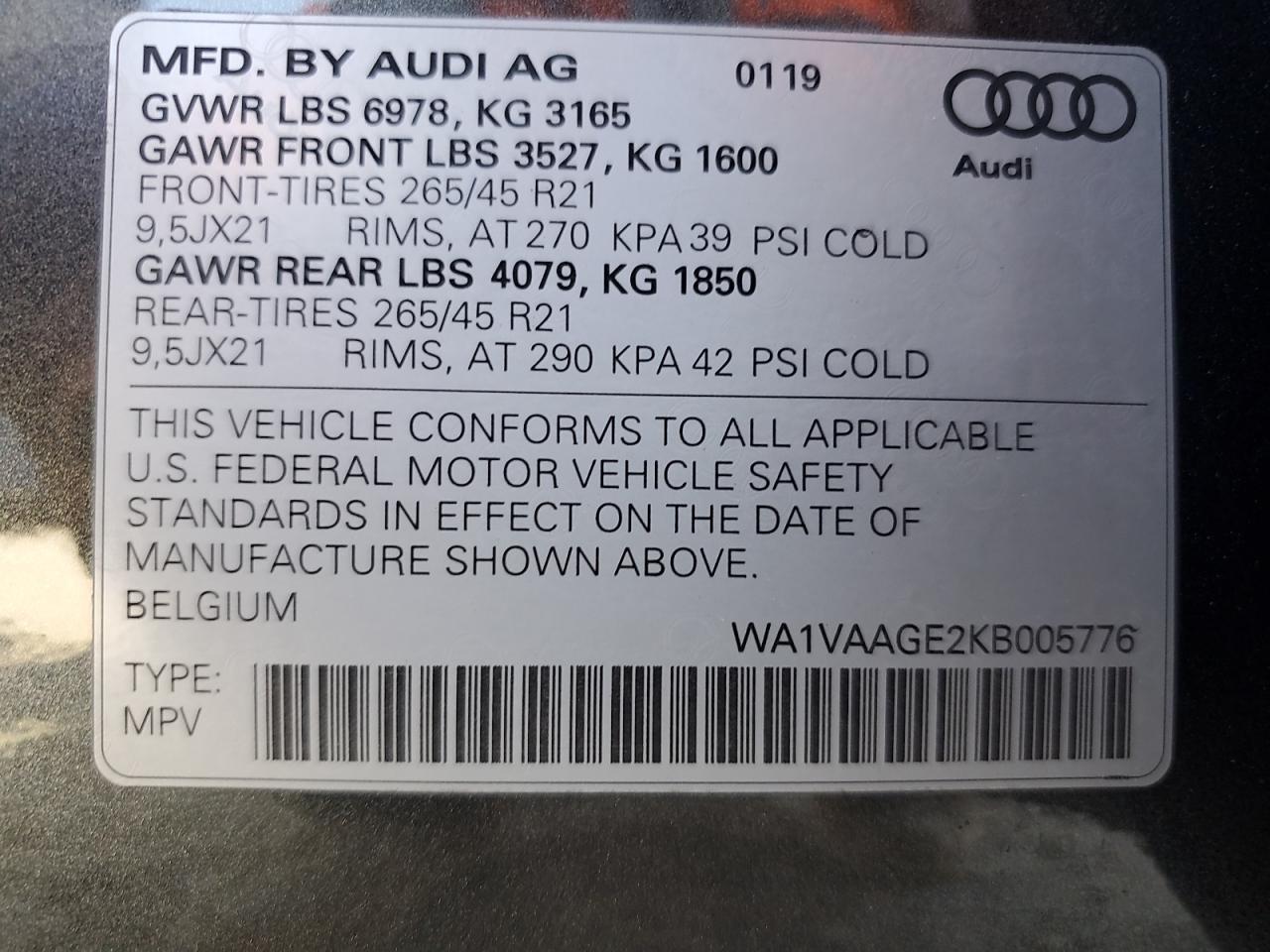 2019 Audi E-Tron Prestige VIN: WA1VAAGE2KB005776 Lot: 62782335
