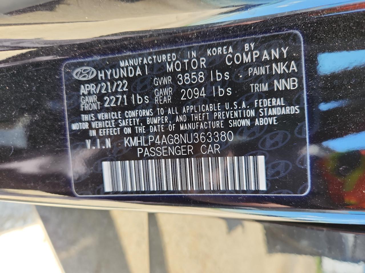 2022 Hyundai Elantra Limited VIN: KMHLP4AG8NU363380 Lot: 63052065