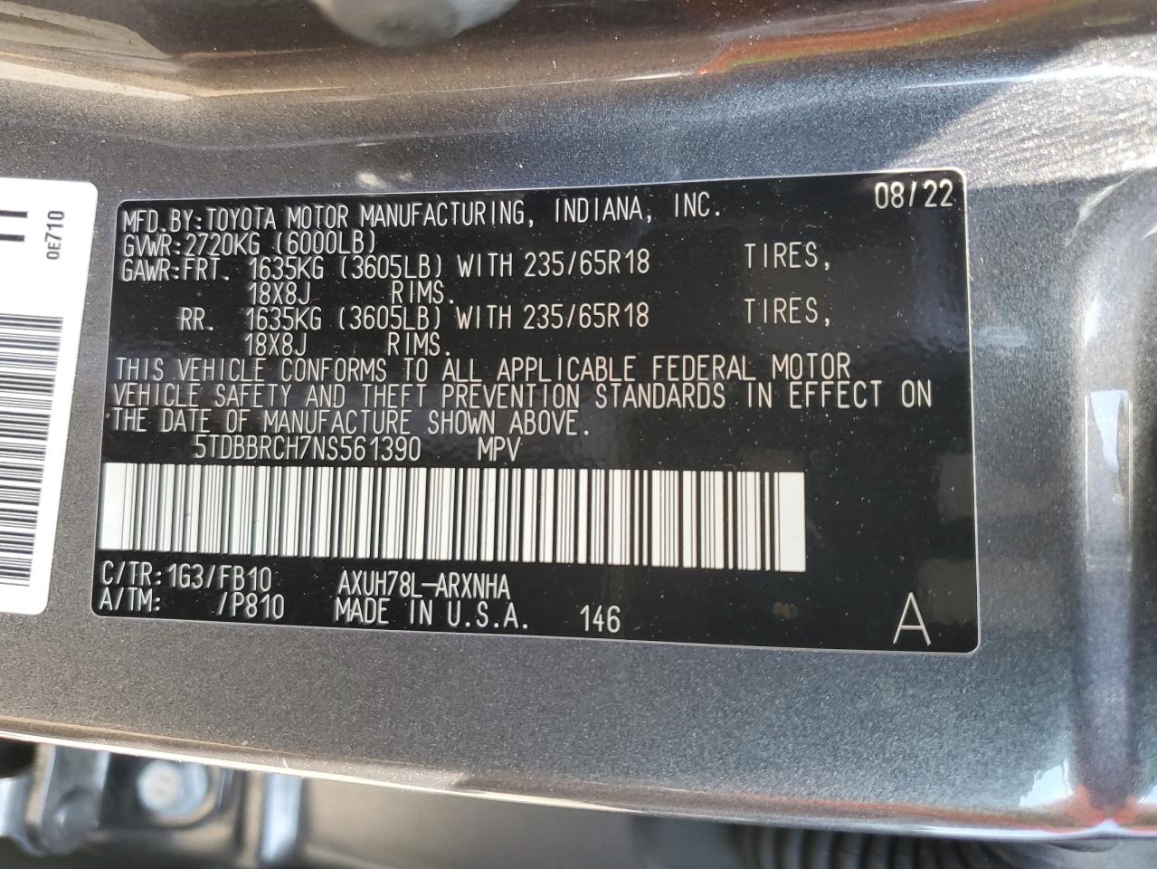2022 Toyota Highlander Hybrid Le VIN: 5TDBBRCH7NS561390 Lot: 62463815