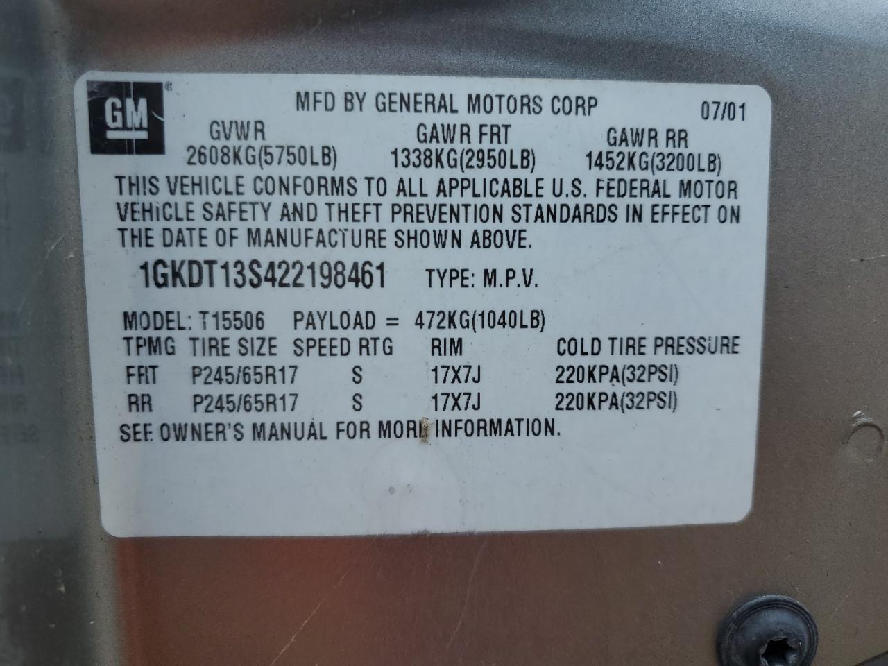 2002 GMC Envoy VIN: 1GKDT13S422198461 Lot: 61221585