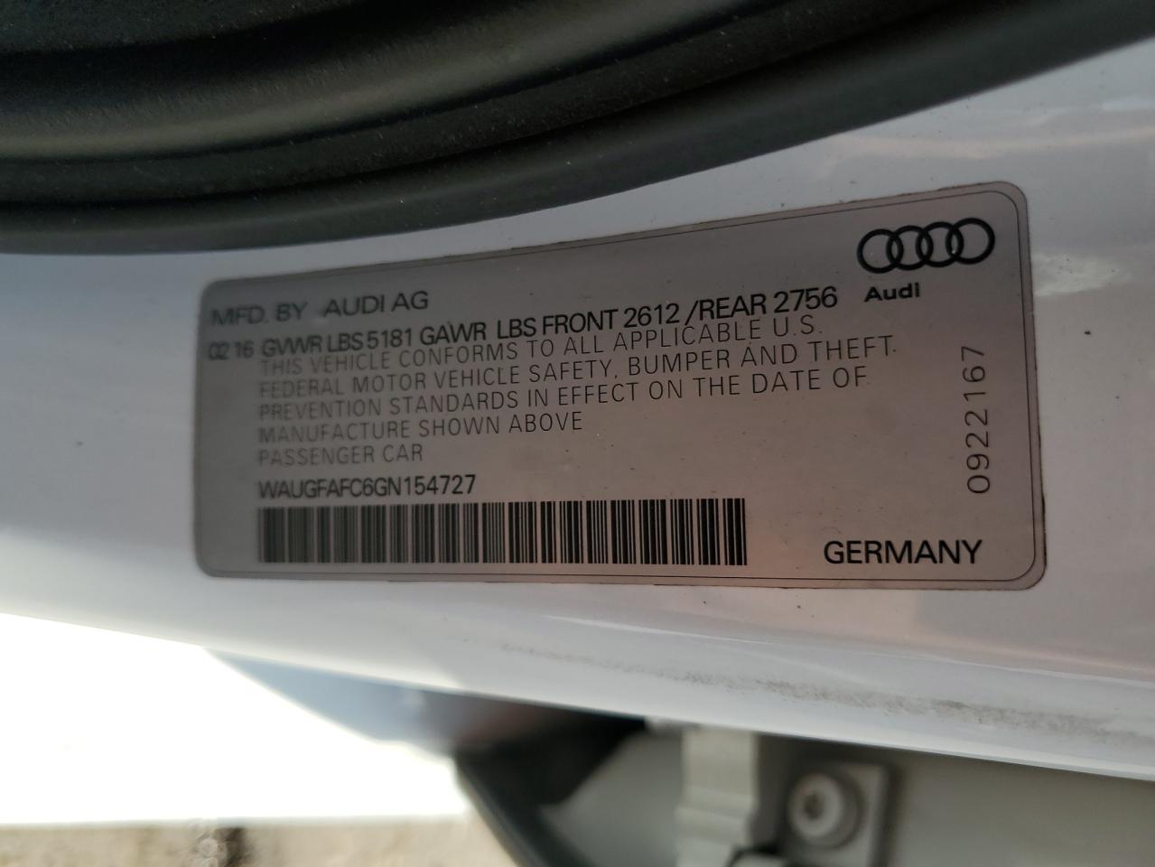 2016 Audi A6 Premium Plus VIN: WAUGFAFC6GN154727 Lot: 60309925