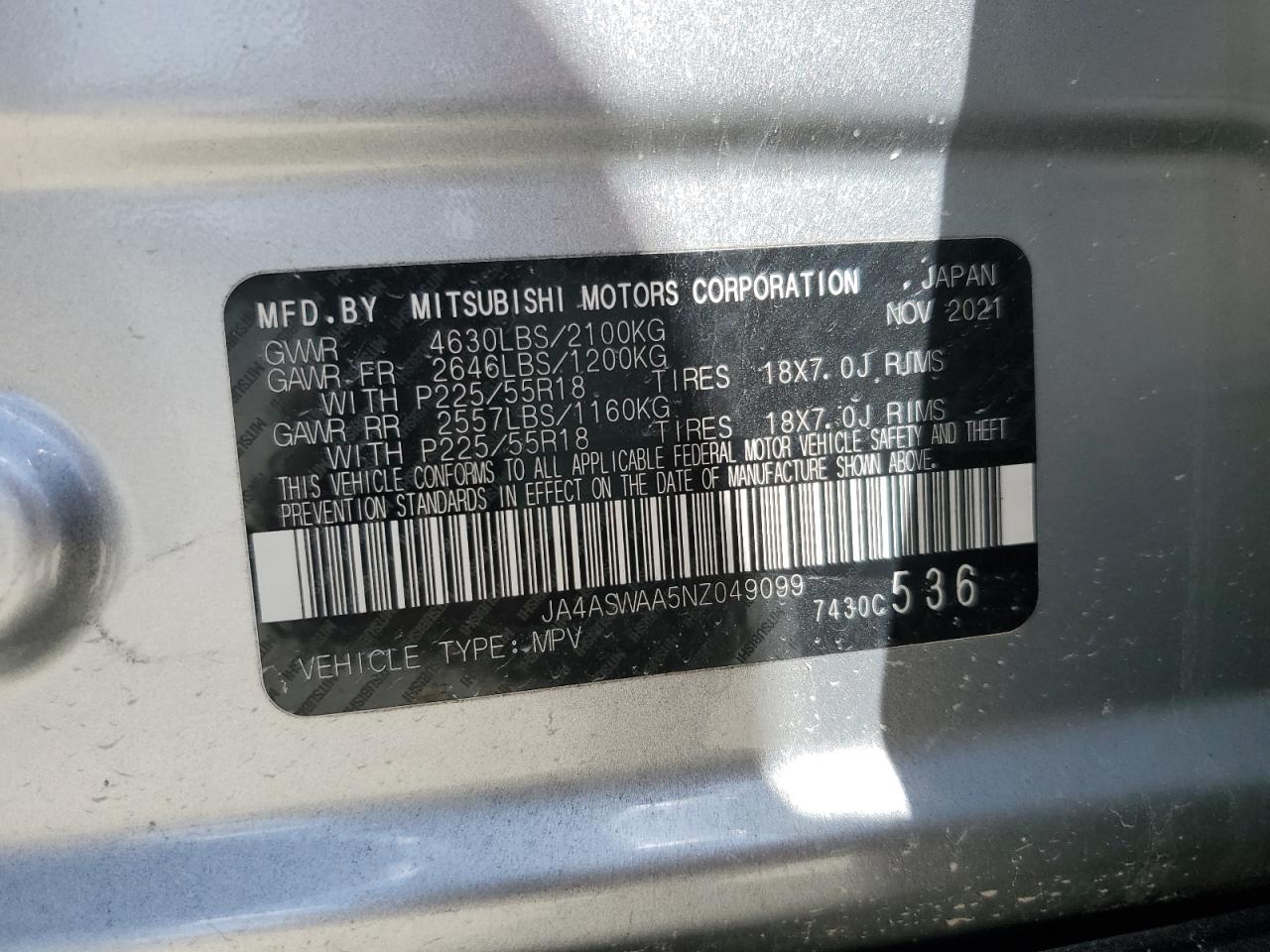 2022 Mitsubishi Eclipse Cross Se VIN: JA4ASWAA5NZ049099 Lot: 61863505