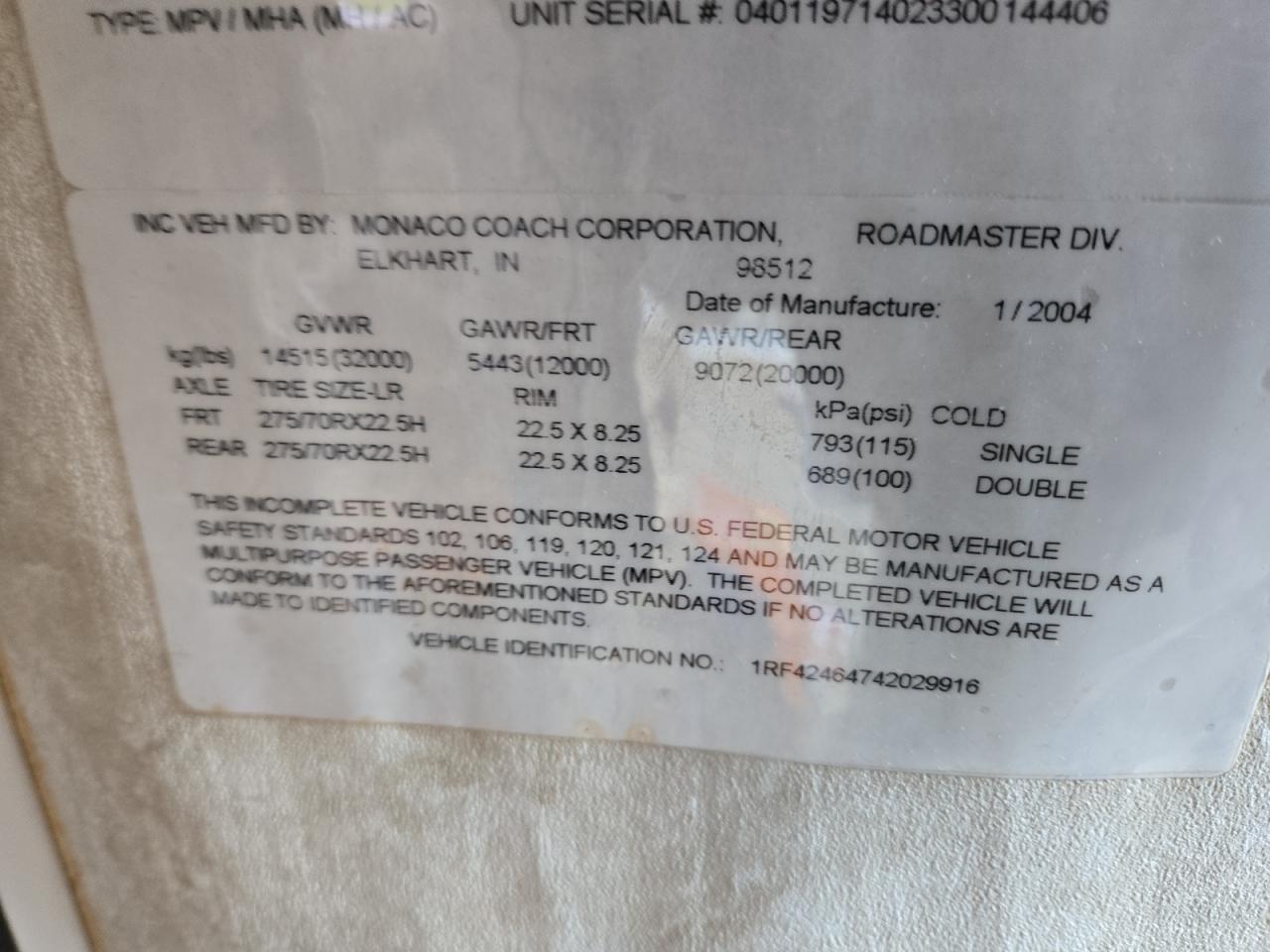 ROADMASTER RAIL ALL MODELS 2004 VIN 1RF42464742029916 photo 10