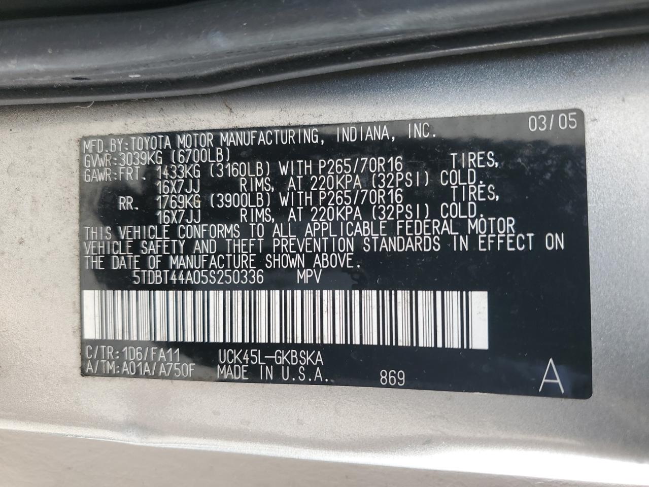 2005 Toyota Sequoia Sr5 VIN: 5TDBT44A05S250336 Lot: 62008565