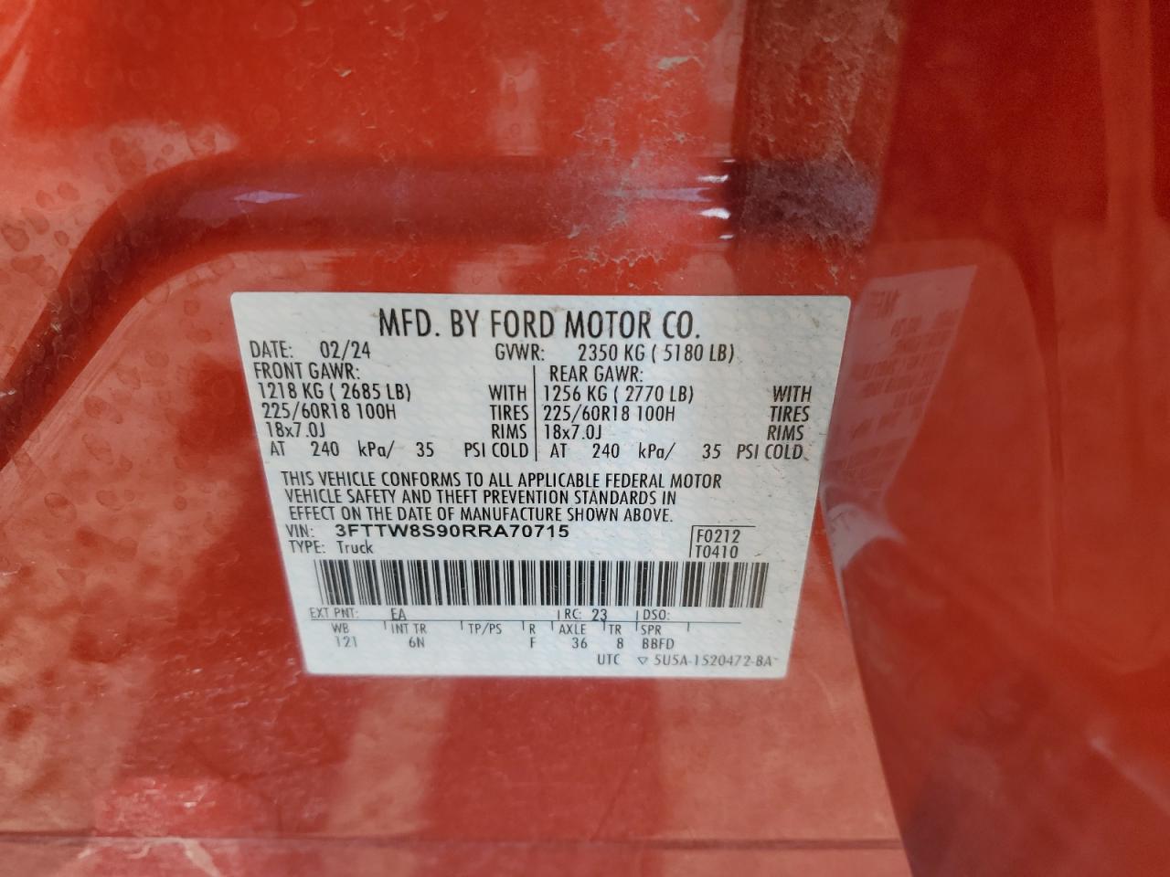 2024 Ford Maverick Lariat VIN: 3FTTW8S90RRA70715 Lot: 61455035