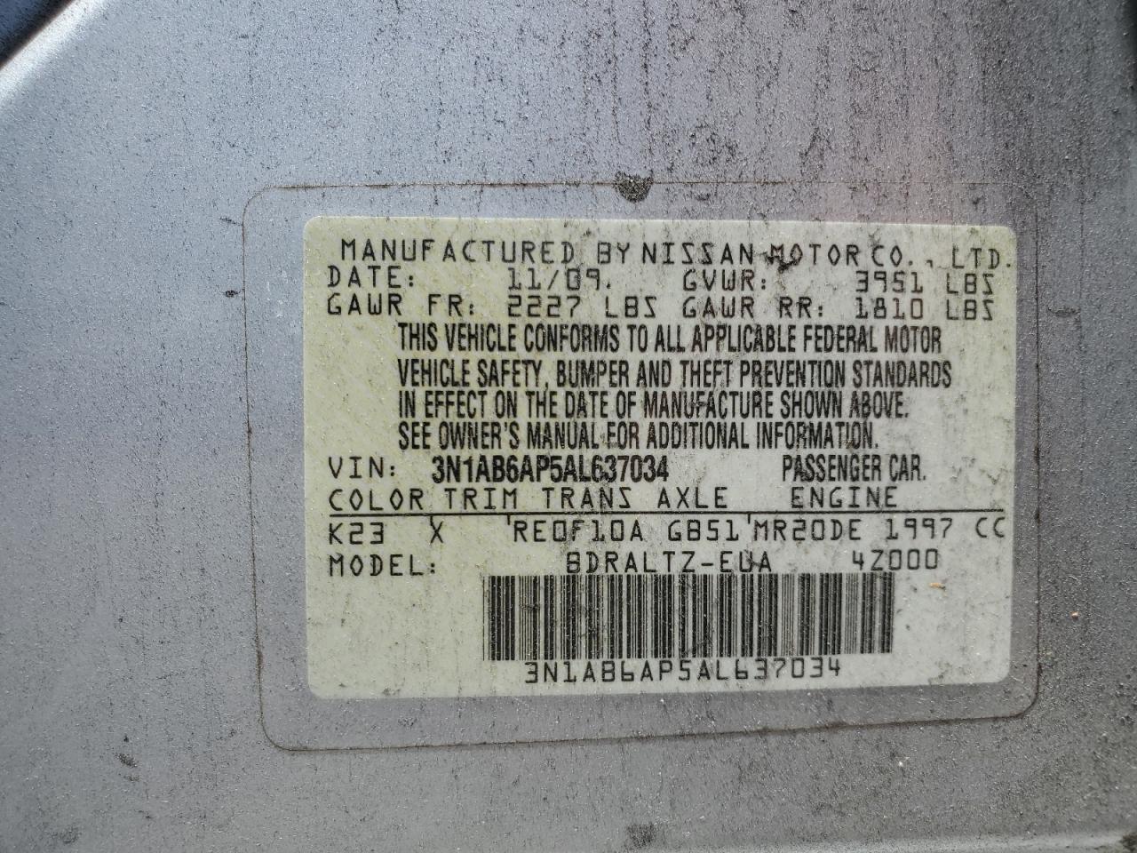 2010 Nissan Sentra 2.0 VIN: 3N1AB6AP5AL637034 Lot: 61011835