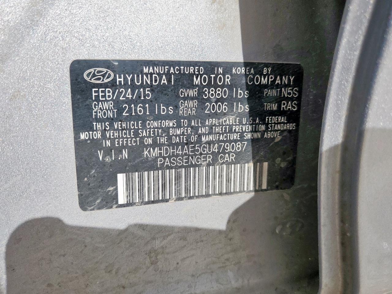 2016 Hyundai Elantra Se VIN: KMHDH4AE5GU479087 Lot: 61055205
