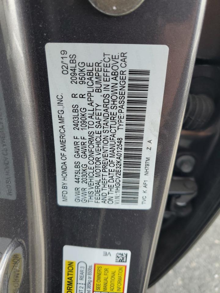 2019 Honda Accord Sport VIN: 1HGCV2E32KA012548 Lot: 62986365