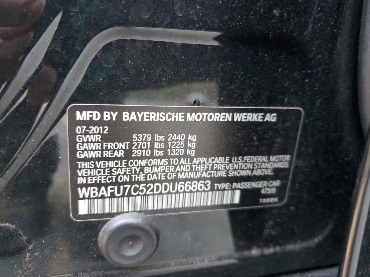2013 BMW 535 Xi VIN: WBAFU7C52DDU66863 Lot: 63123325