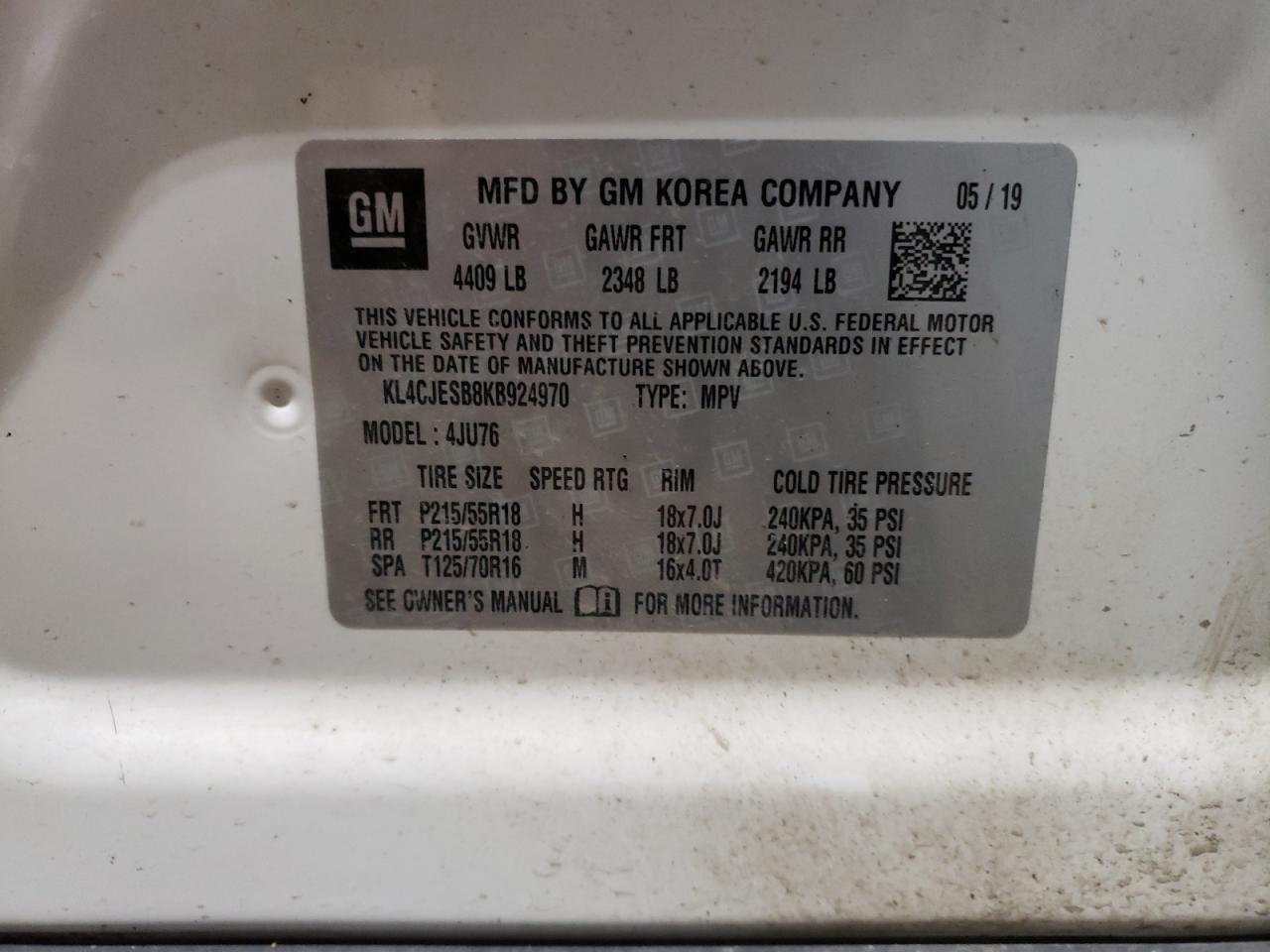 2019 Buick Encore Preferred VIN: KL4CJESB8KB924970 Lot: 61621095