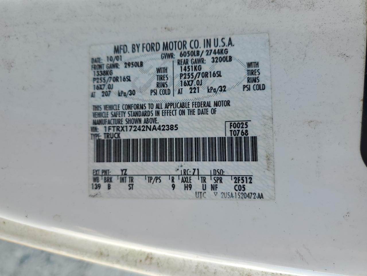 2002 Ford F150 VIN: 1FTRX17242NA42385 Lot: 81515565