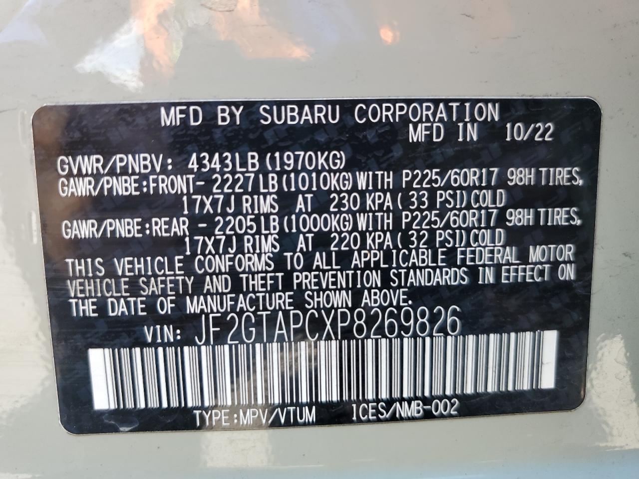 2023 Subaru Crosstrek Premium VIN: JF2GTAPCXP8269826 Lot: 63067115