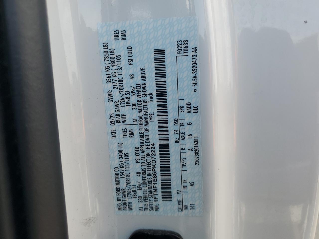 2023 Ford F150 VIN: 1FTNF1E86PKD72224 Lot: 59704585