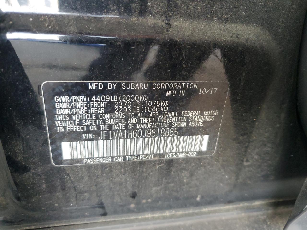 2018 Subaru Wrx Limited VIN: JF1VA1H60J9818865 Lot: 62669275