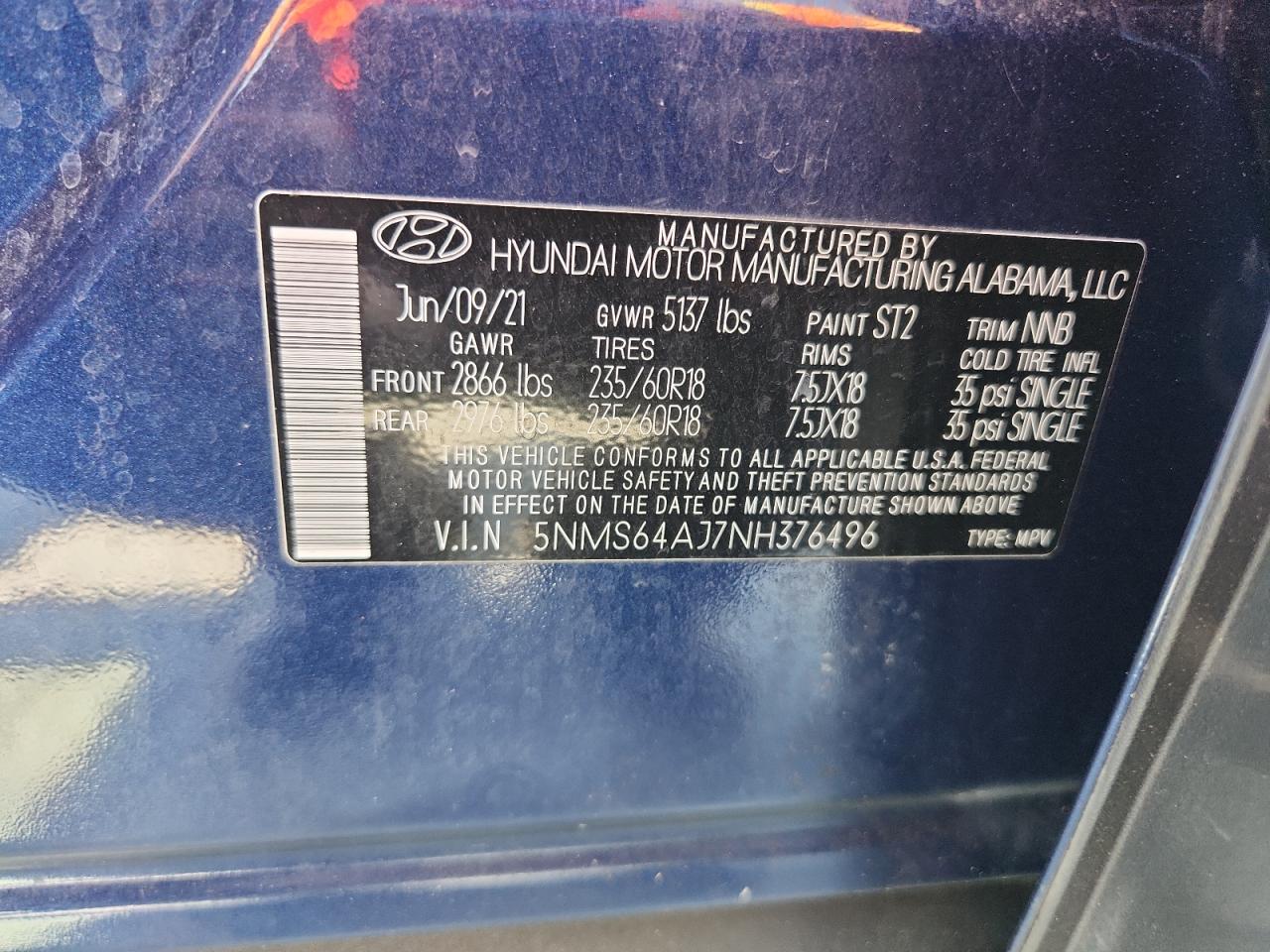 2022 Hyundai Santa Fe Sel VIN: 5NMS64AJ7NH376496 Lot: 62464415