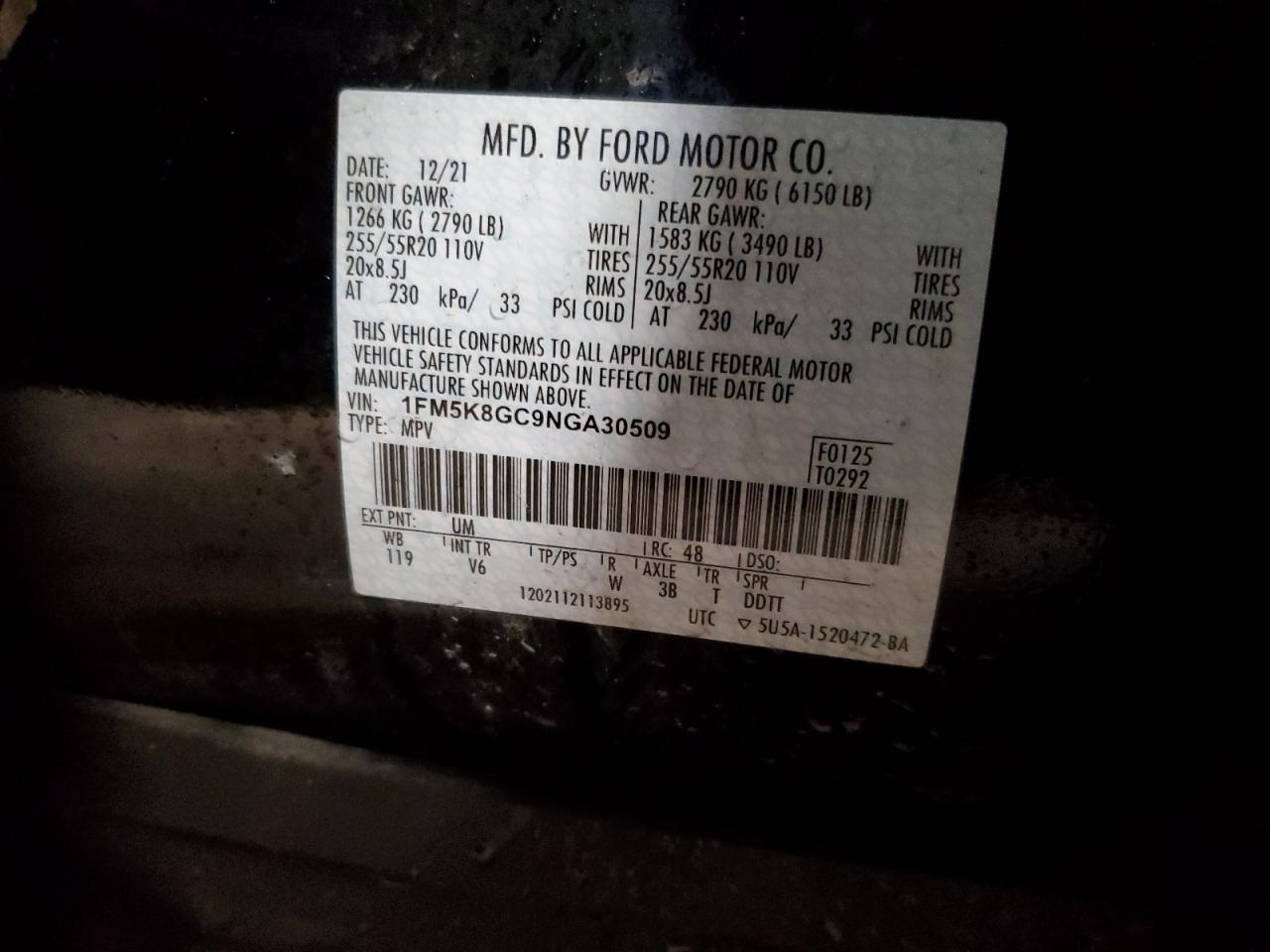 2022 Ford Explorer St VIN: 1FM5K8GC9NGA30509 Lot: 58951215