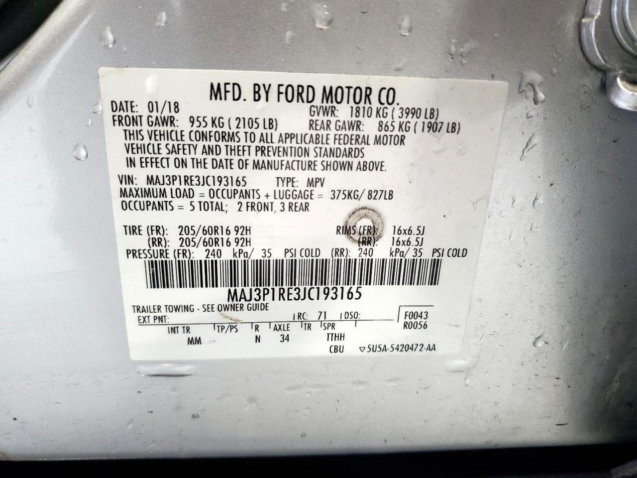2018 Ford Ecosport S VIN: MAJ3P1RE3JC193165 Lot: 62110835