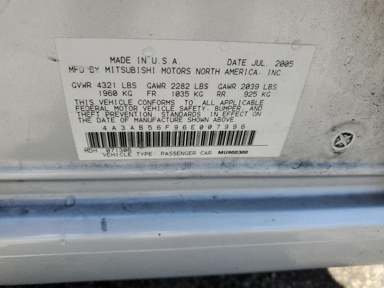 2006 Mitsubishi Galant Es Premium VIN: 4A3AB56F96E007996 Lot: 61994145