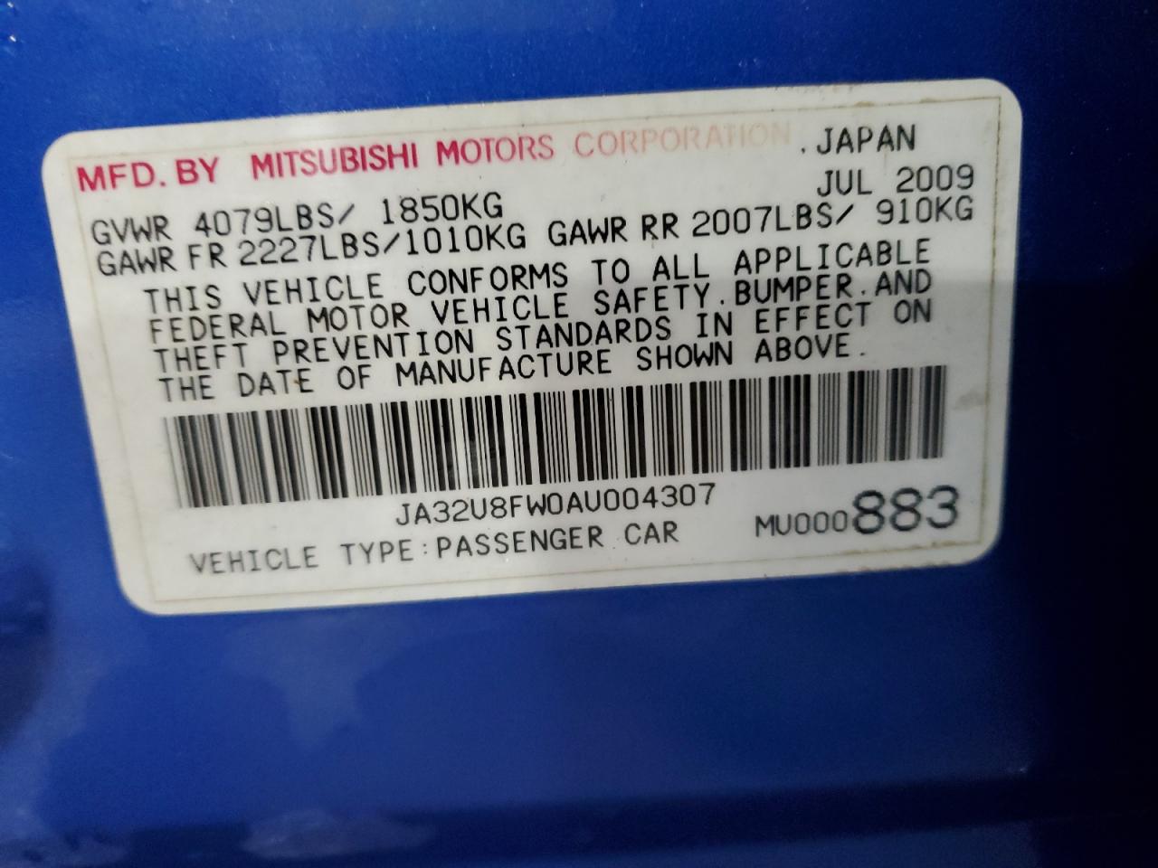 2010 Mitsubishi Lancer Gts VIN: JA32U8FW0AU004307 Lot: 62938665
