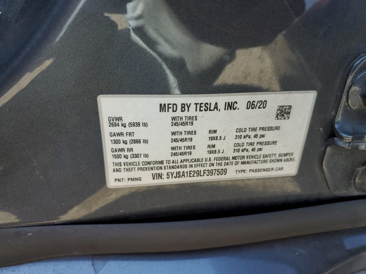 2020 Tesla Model S VIN: 5YJSA1E29LF397509 Lot: 62755355