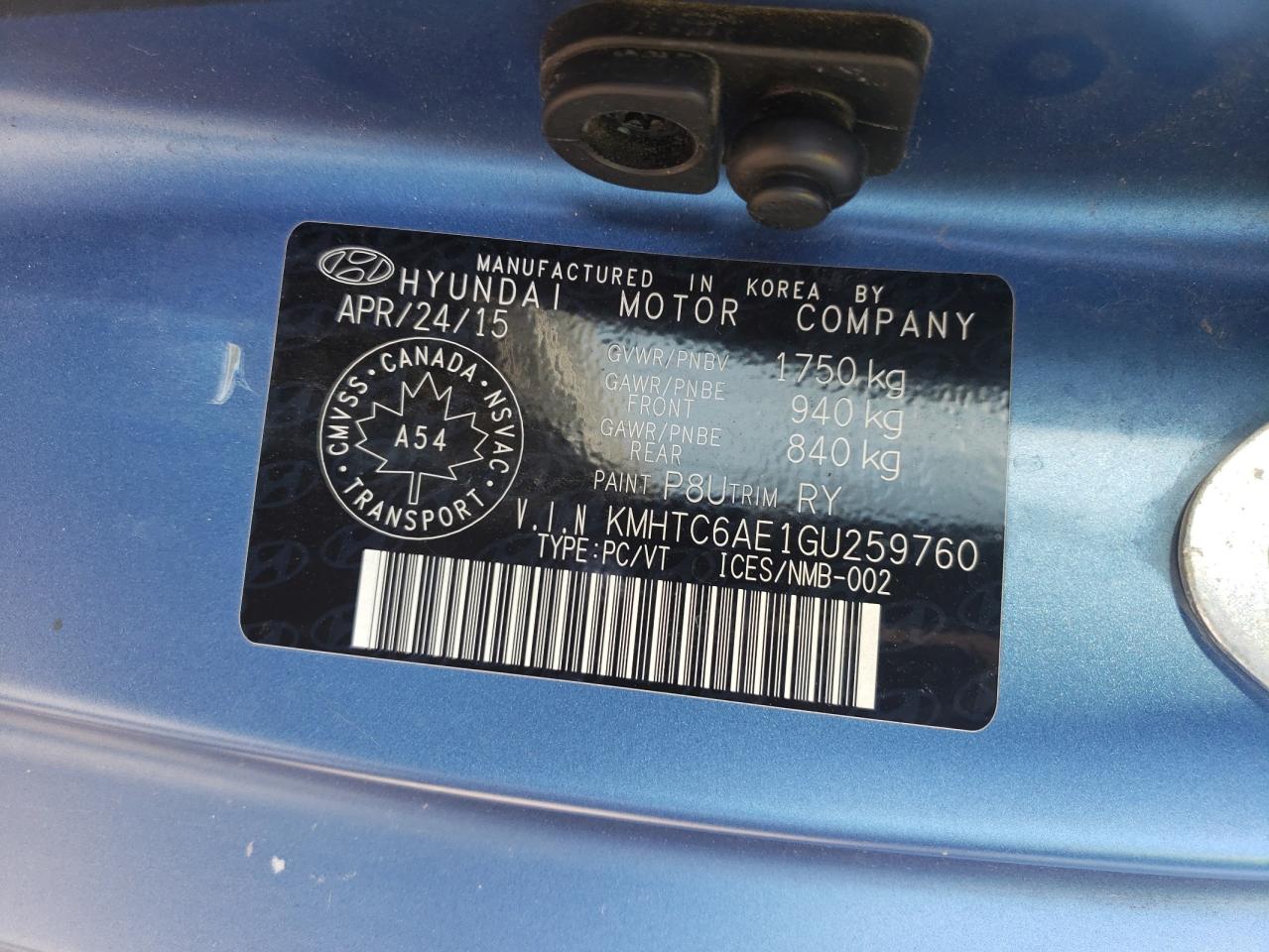 2016 Hyundai Veloster Turbo VIN: KMHTC6AE1GU259760 Lot: 60083645