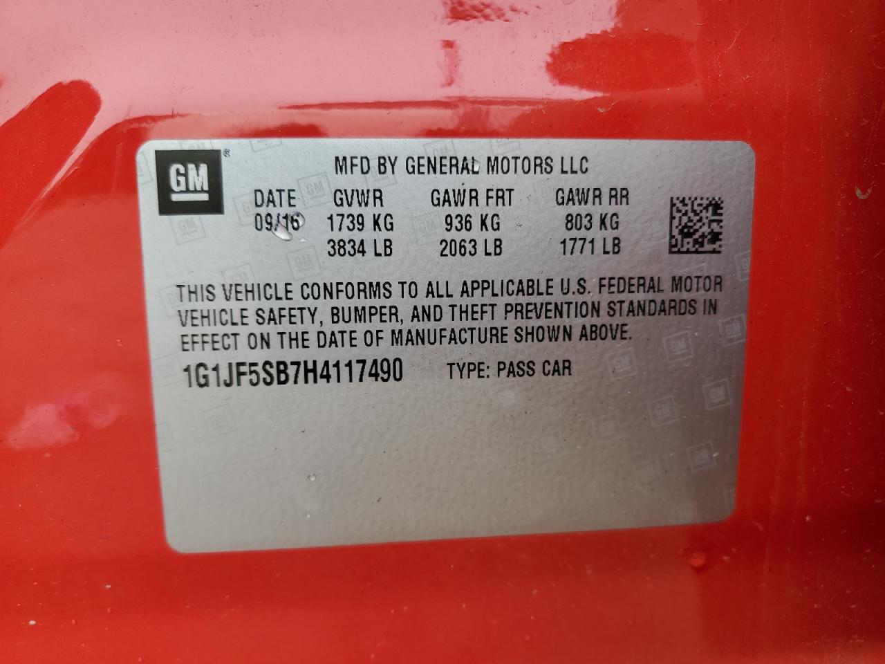 2017 Chevrolet Sonic Premier VIN: 1G1JF5SB7H4117490 Lot: 60148195