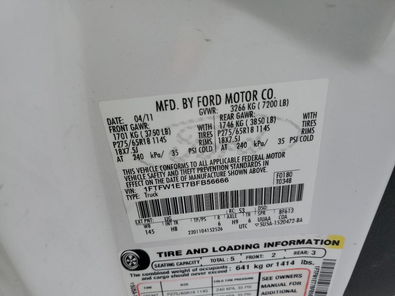 2011 Ford F150 Supercrew VIN: 1FTFW1ET7BFB56666 Lot: 62957455