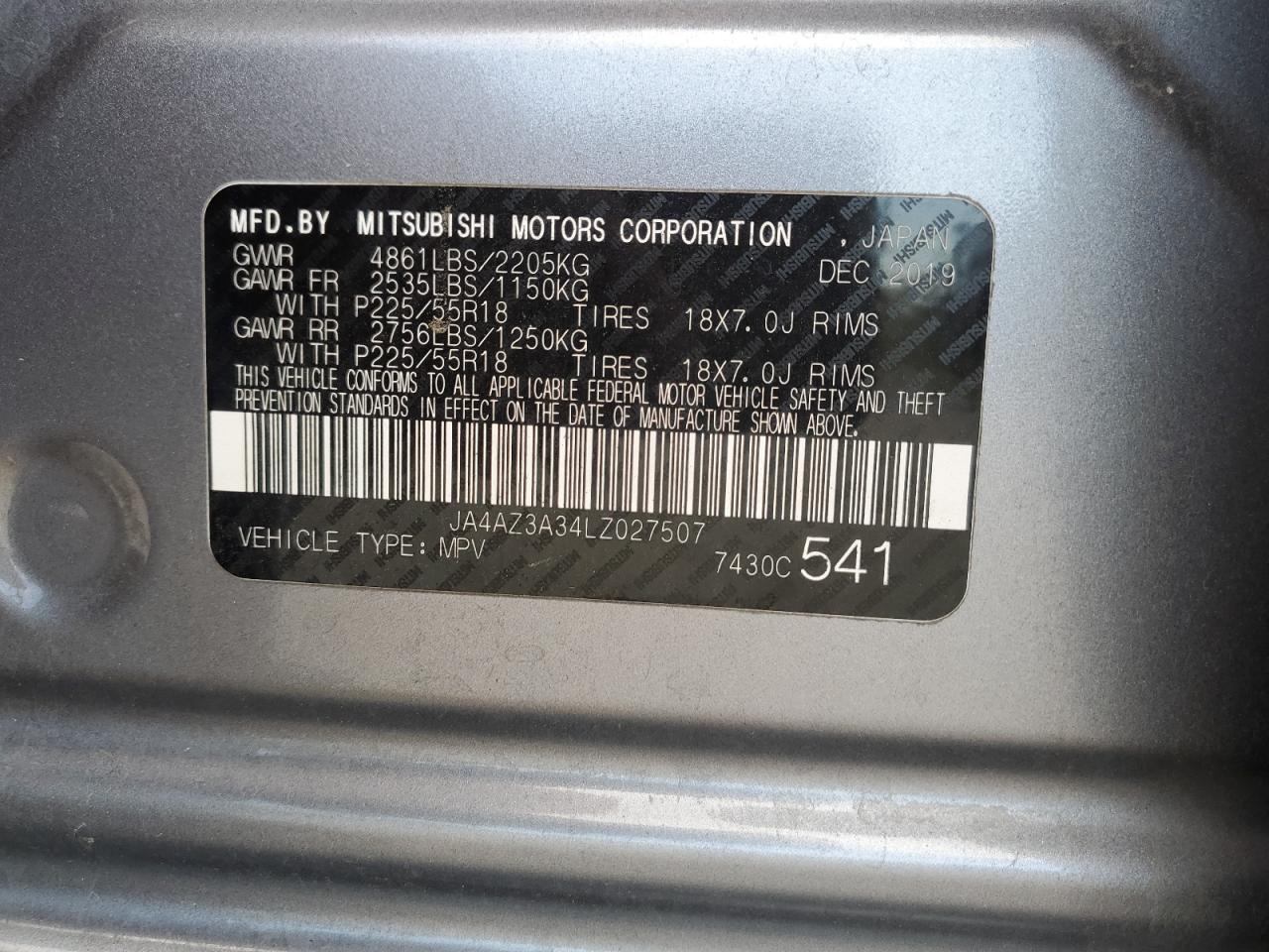 2020 Mitsubishi Outlander Se VIN: JA4AZ3A34LZ027507 Lot: 62342865