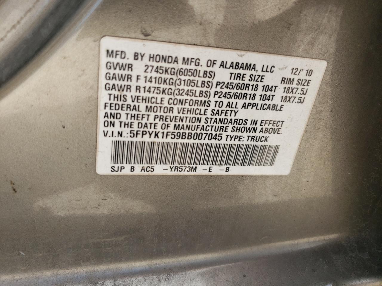 2011 Honda Ridgeline Rtl VIN: 5FPYK1F59BB007045 Lot: 61263715