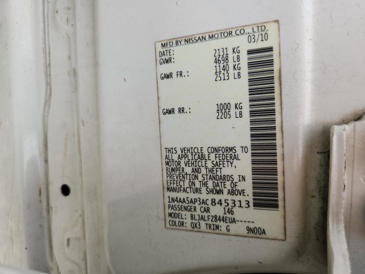 2010 Nissan Maxima S VIN: 1N4AA5AP3AC845313 Lot: 69650045