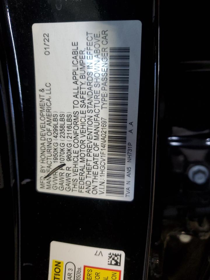 2022 Honda Accord Lx VIN: 1HGCV1F14NA021697 Lot: 62632875
