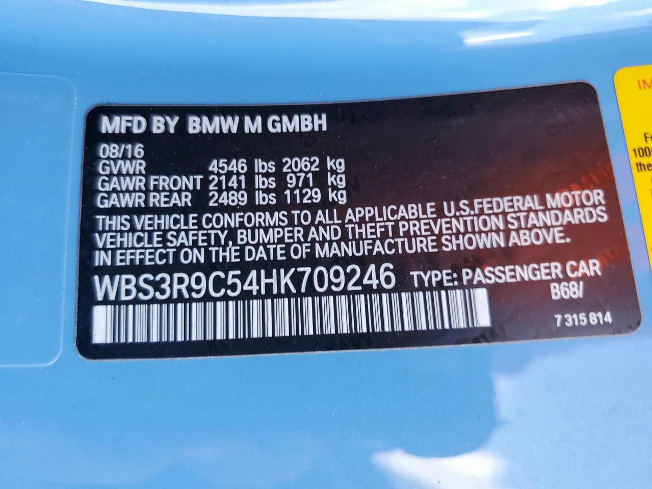 2017 BMW M4 VIN: WBS3R9C54HK709246 Lot: 60701345