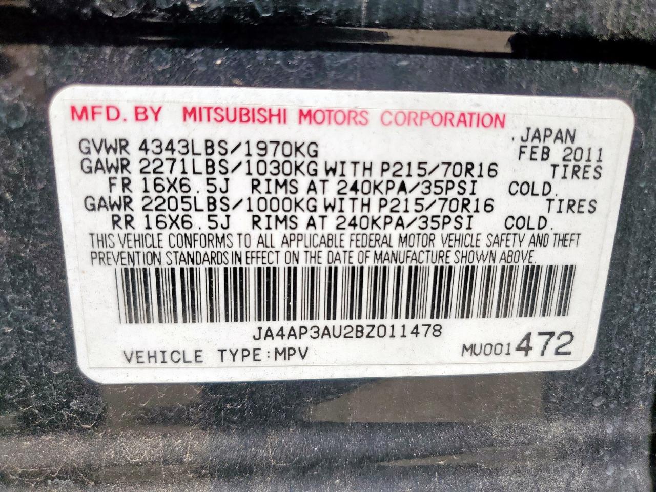 2011 Mitsubishi Outlander Sport Es VIN: JA4AP3AU2BZ011478 Lot: 60778665