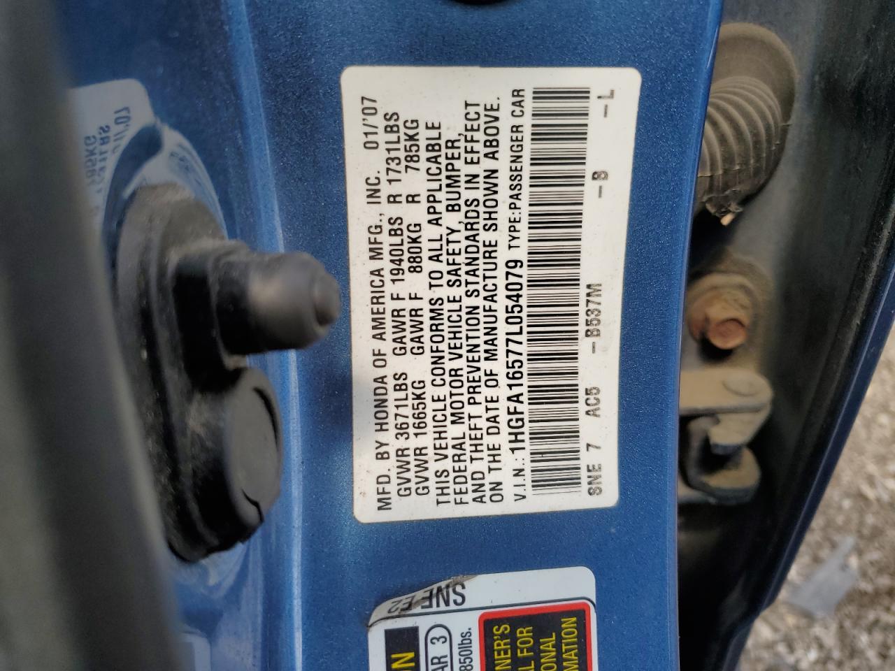2007 Honda Civic Lx VIN: 1HGFA16577L054079 Lot: 61500225