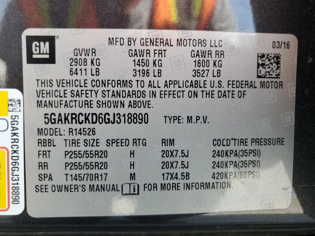 2016 Buick Enclave VIN: 5GAKRCKD6GJ318890 Lot: 59674875