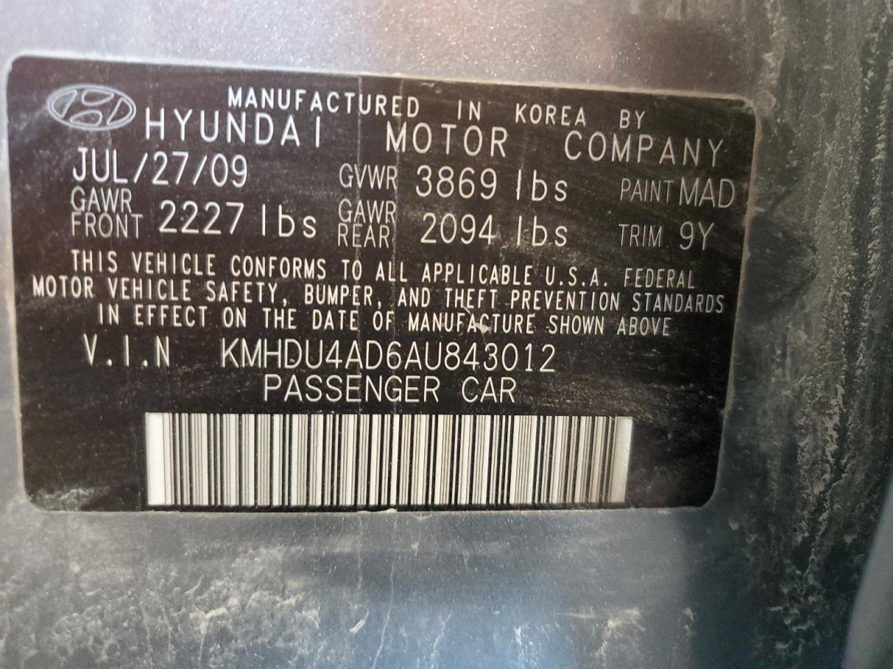 HYUNDAI ELANTRA 2010 VIN KMHDU4AD6AU843012 photo 12