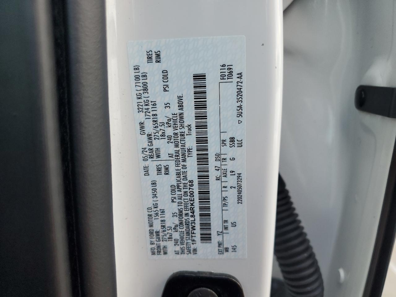 2024 Ford F150 Xlt VIN: 1FTFW3L84RKE00768 Lot: 60706525