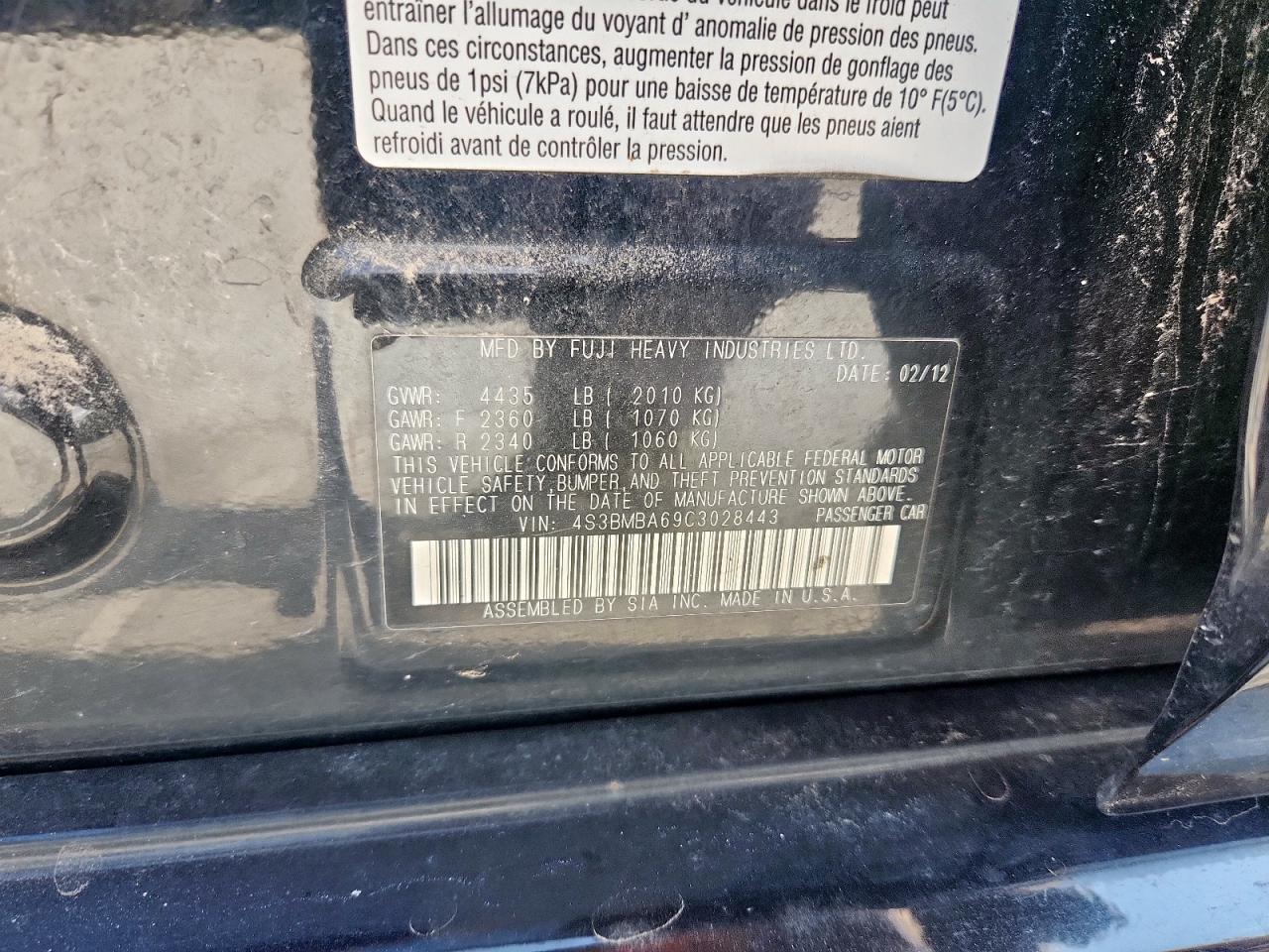 2012 Subaru Legacy 2.5I VIN: 4S3BMBA69C3028443 Lot: 61310675