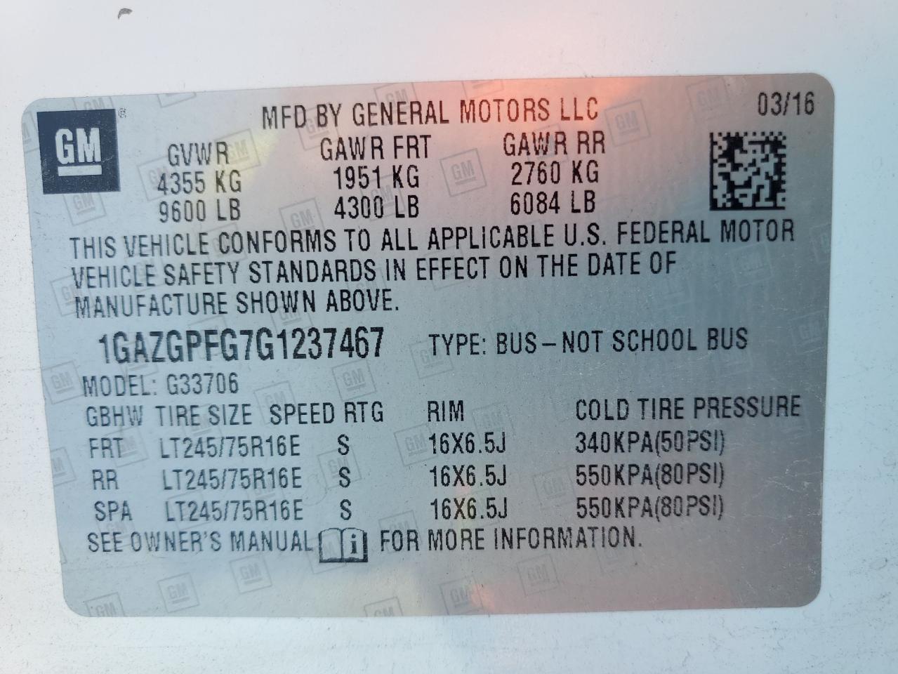 2016 Chevrolet Express G3500 Lt VIN: 1GAZGPFG7G1237467 Lot: 62367035