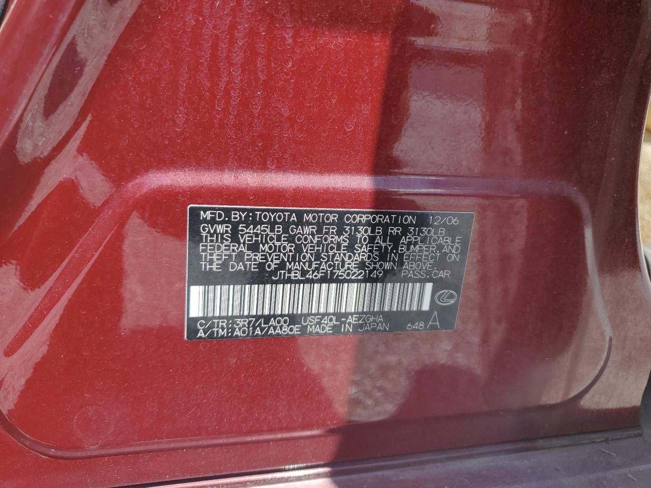 2007 Lexus Ls 460 VIN: JTHBL46F175022149 Lot: 61462935