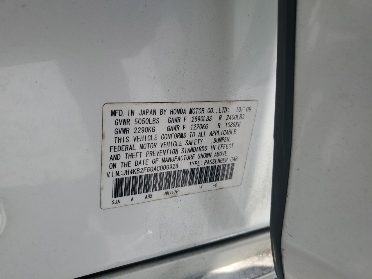 2010 Acura Rl VIN: JH4KB2F60AC000928 Lot: 62216225
