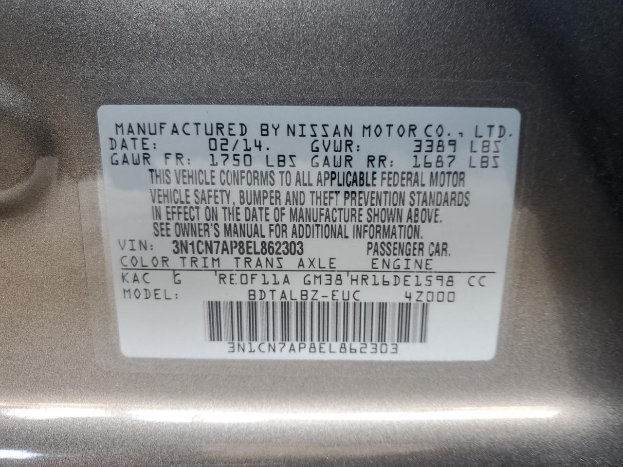 NISSAN VERSA 2014 VIN 3N1CN7AP8EL862303 photo 12