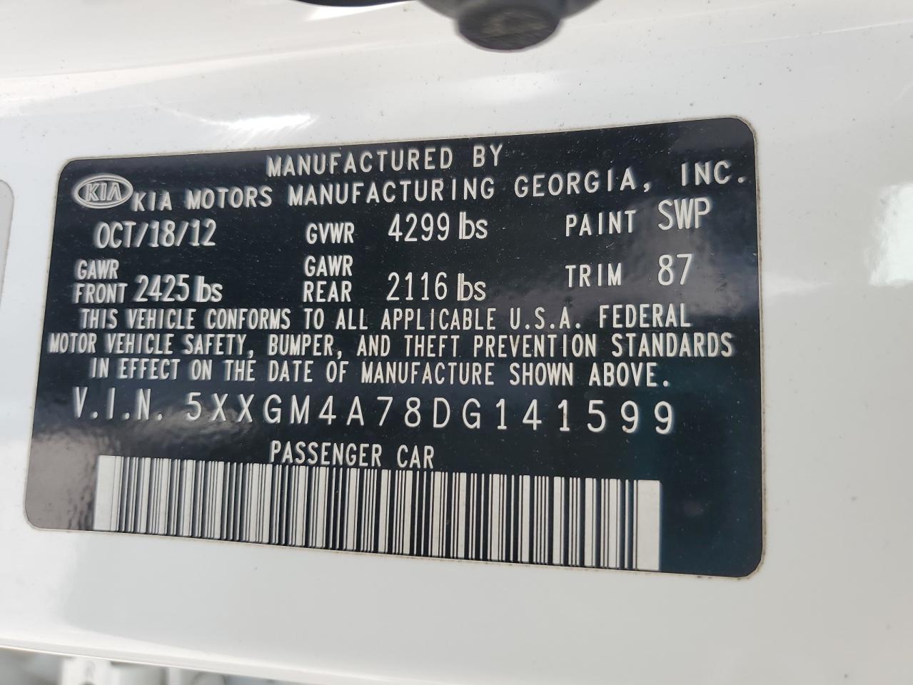2013 Kia Optima Lx VIN: 5XXGM4A78DG141599 Lot: 63136315