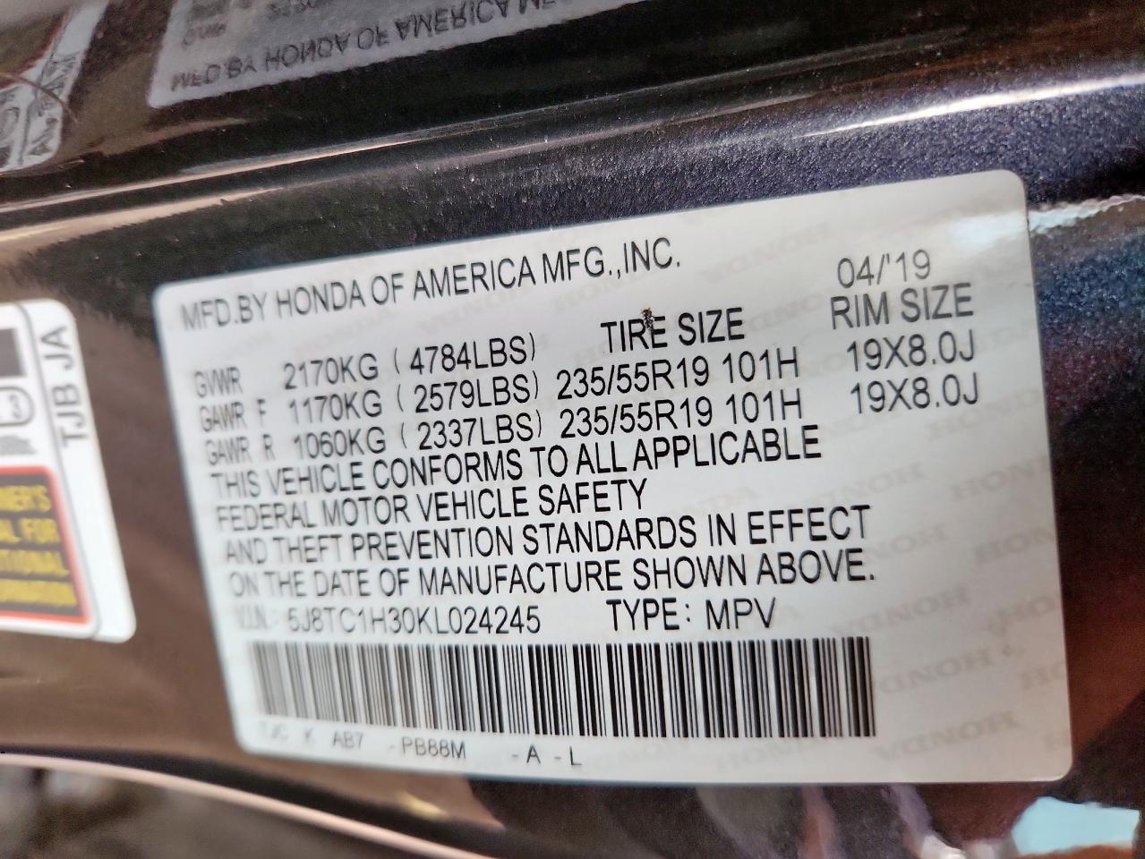 2019 Acura Rdx VIN: 5J8TC1H30KL024245 Lot: 61692585