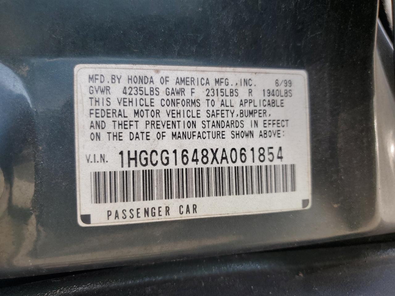 1999 Honda Accord Lx VIN: 1HGCG1648XA061854 Lot: 62278035