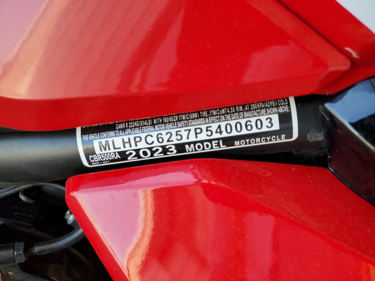 2023 Honda Cbr500 Ra VIN: MLHPC6257P5400603 Lot: 62770025