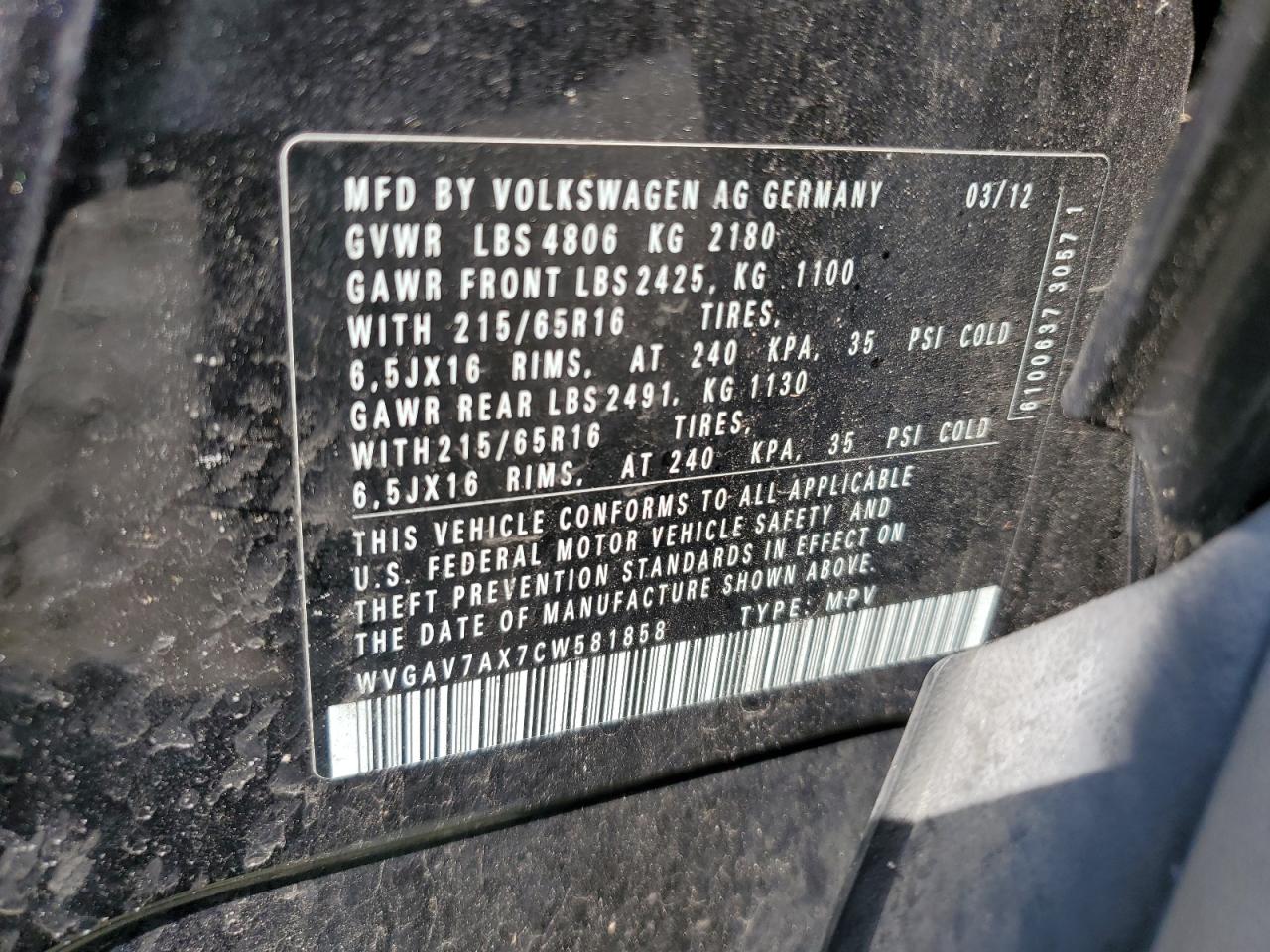 2012 Volkswagen Tiguan S VIN: WVGAV7AX7CW581858 Lot: 61780185
